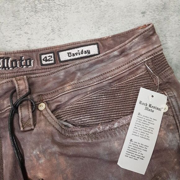 ROCK REVIVAL Daviday Moto Acid Wash Tie Dye Denim Jeans Mens Size 42x32 Brown - Picture 6 of 9